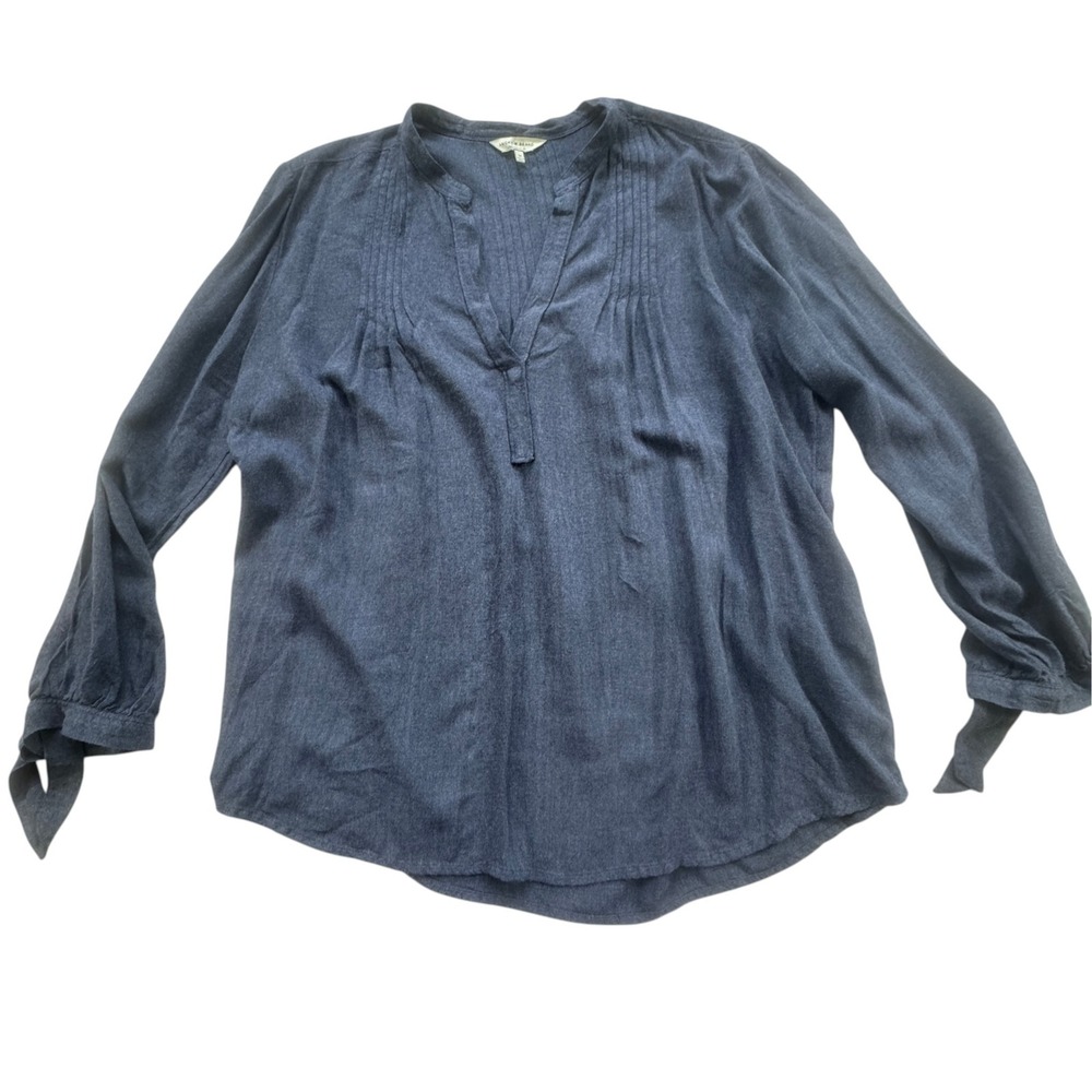 Lucky Brand Navy Blue Pintuck Tie Cuff V Neck Blouse Womens M Long Sleeve Boho